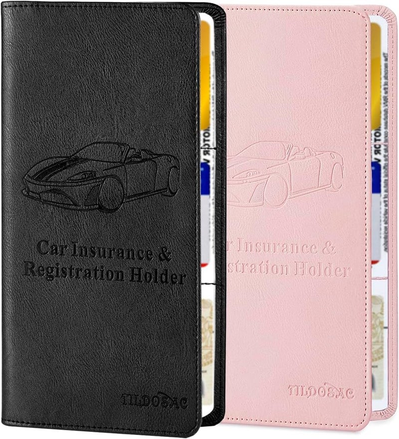 TILDOSAC 2Pack Leather Car Registration and Insurance Card Holder, Car Document Holder for Cards License with Magnetic Shut (Pink+Black) - Image 1